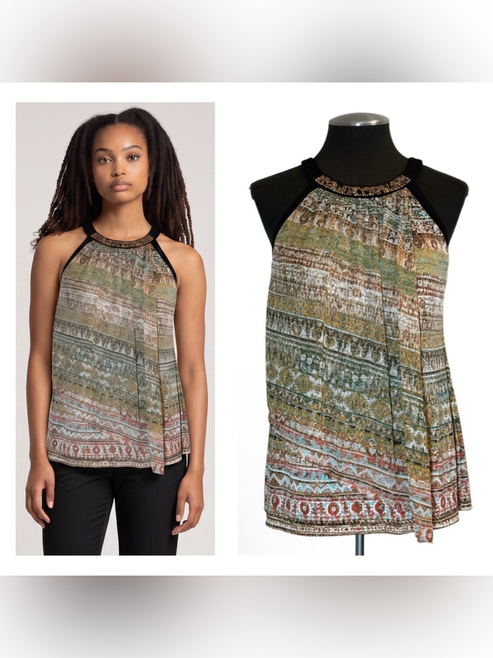 🆕 Dressbarn - Multicolor Print Beaded Stretch Halter Top – Petite Large